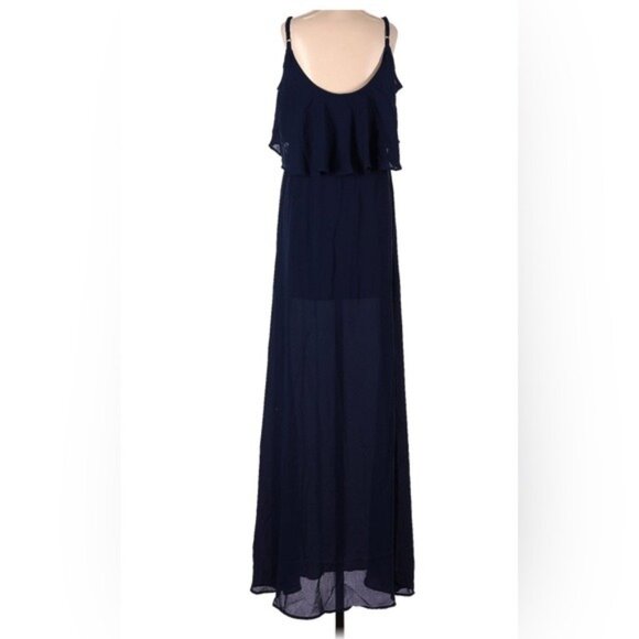 Womens Navy Blue Cold Shoulder Maxi Dress With Ruffle Detail Spaghetti Straps & - Picture 2 of 9